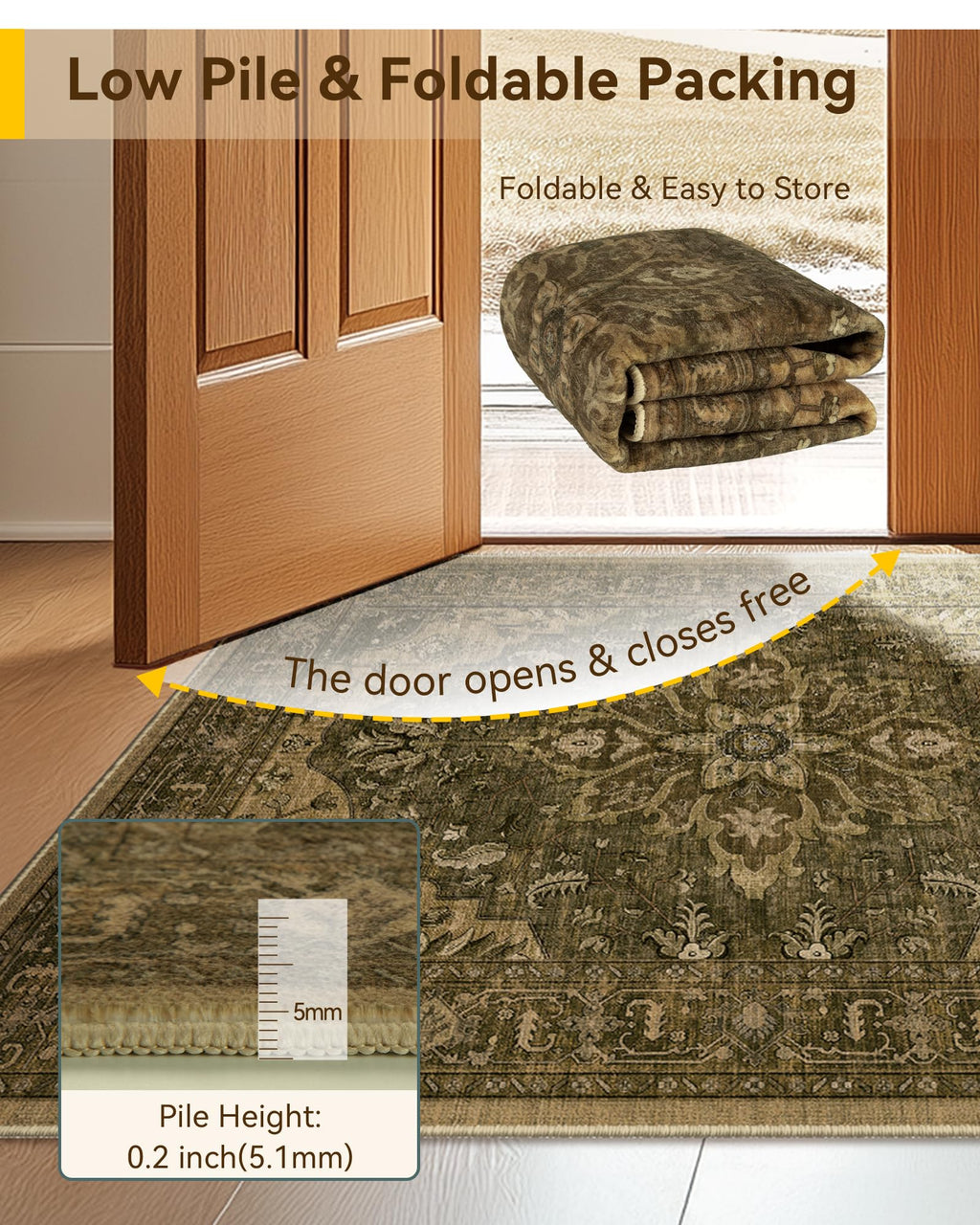 RELEANY Washable Area Rug, 5'x7', Brown/Dark Brown