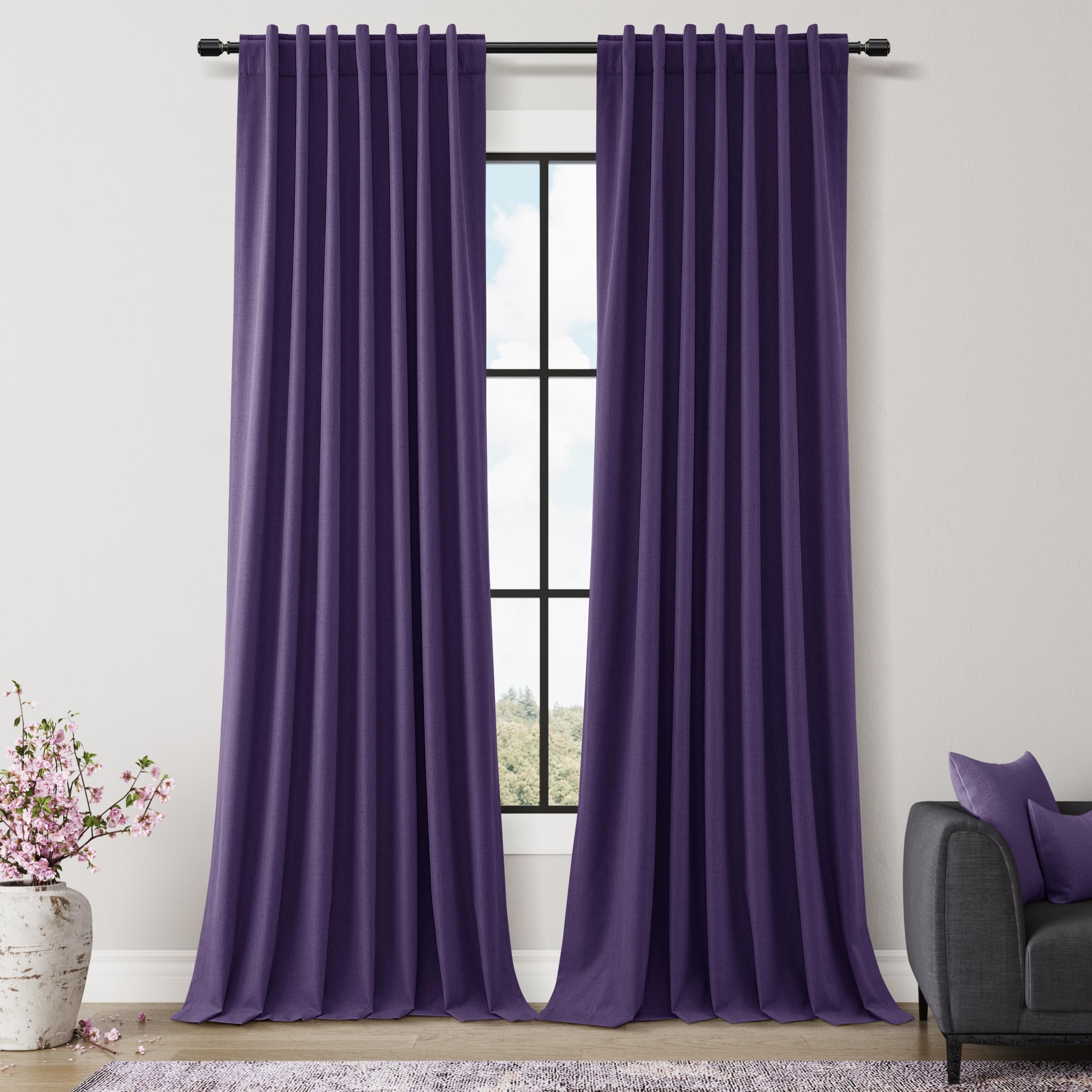 Guken New Purple 100% Blackout Linen Curtains 96 Inch Length 2 Panels Set for Living Room Bedroom Back Tab/Rod Pocket Thermal Insulated Farmhouse Black Out Drapes Room Darkening,52x96