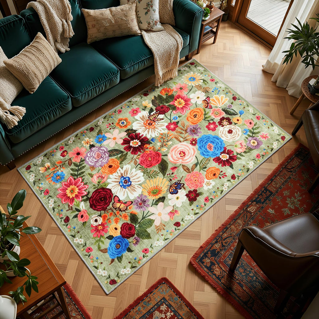 Babovid Floral Area Rugs 5x7 for Bedroom Livingroom Green Non-Slip
