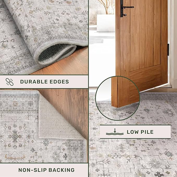 Hazo Haus Light Gray Washable 2'6"x8' Wide Runner Rugs for Kitchen, Bathroom, Hallway, Non-Slip & Stain Resistant Long Floor Rug, Neutral Boho Floral Décor