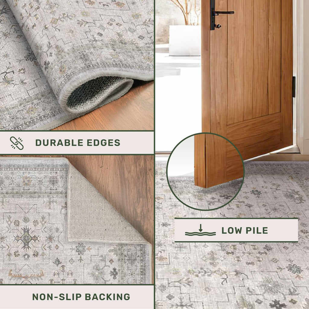 Hazo Haus Boho 3x16 Wide Hallway Runner - Light Gray and Sage, Washable Low Pile Non Slip Stain Resistant 16ft Runner Rug for Long Kitchen, Hallway, Floral Decor