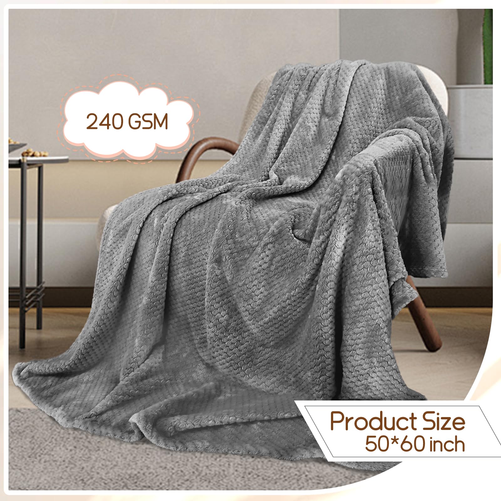 Tewloss 4 Pack Fleece Throw Blankets 50x60 Inches - Oeko-Tex Certified 100, 270 GSM Ultra Soft Plush for Bed, Couch and Cozy Gifts. 3D Waffle Texture, No Shedding No Pilling All Season (Dark Gray)