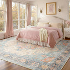 Area Rugs 8'x10' Washable Non-Slip, Floral Vintage Distress Print Pattern Medallion Carpet for Living Room Bedroom Dining Room, Blue Orange Red
