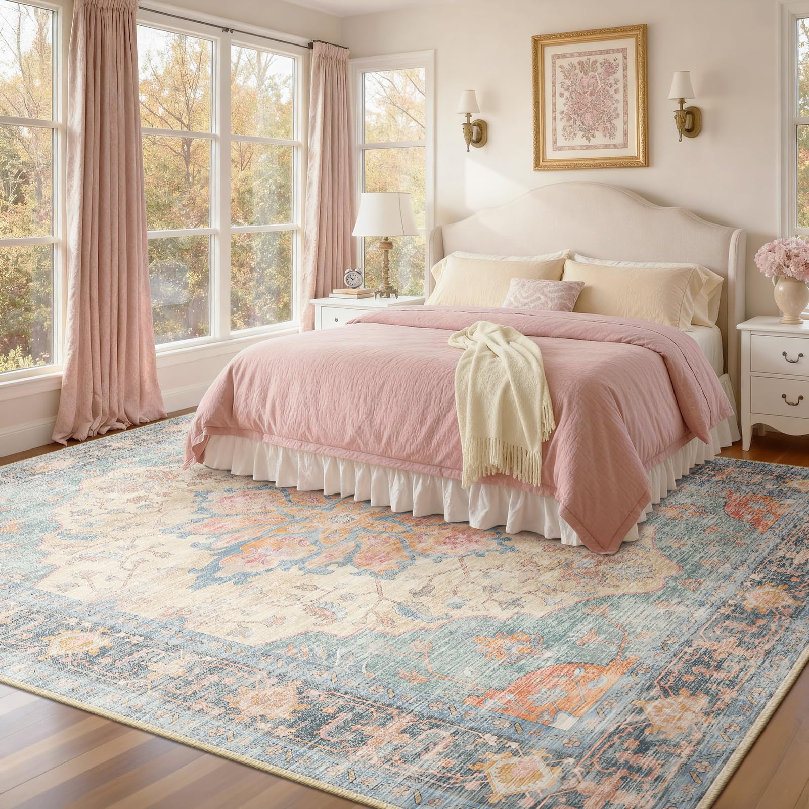 RELEANY Washable Area Rug, Large 9'x12', Blue/Orange/Red