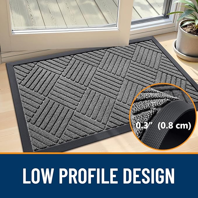 OLANLY Front Door Mat Outside Entrance 33x21, Absorbent, Heavy Duty Sturdy Natural Rubber Doormat Indoor Outdoor, Stain and Fade Resistant, Non-Slip Low Profile Floor Mat for Entryway, Grey Diamond