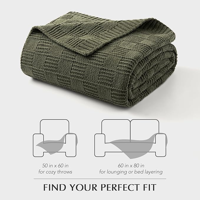 EVERGRACEHOME Modern Checkered Chenille Throw Blanket, Soft Cozy Plaid Knitted Blanket for Sofa & Couch, Decorative Knit Throw for Bed and Living Room, Olive Green, 60" x 80"