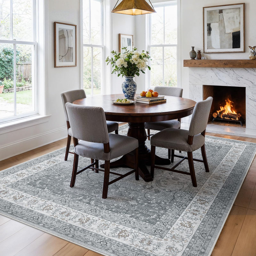 AMADA HOMEFURNISHING 5x7 Area Rugs, Washable Living Room Rug with Non-Slip Backing, Low Pile and Durable Edge Binding, Soft Vintage Floral Rugs for Living Room, Bedroom, Dining Room
