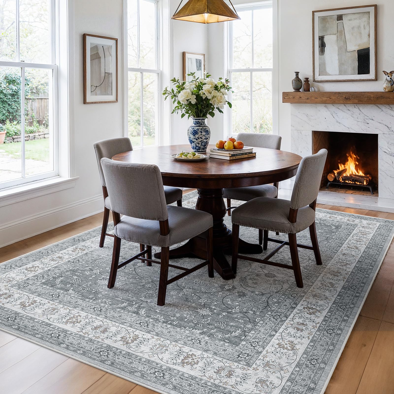 AMADA HOMEFURNISHING 5x7 Area Rugs, Washable Living Room Rug with Non-Slip Backing, Low Pile and Durable Edge Binding, Soft Vintage Floral Rugs for Living Room, Bedroom, Dining Room