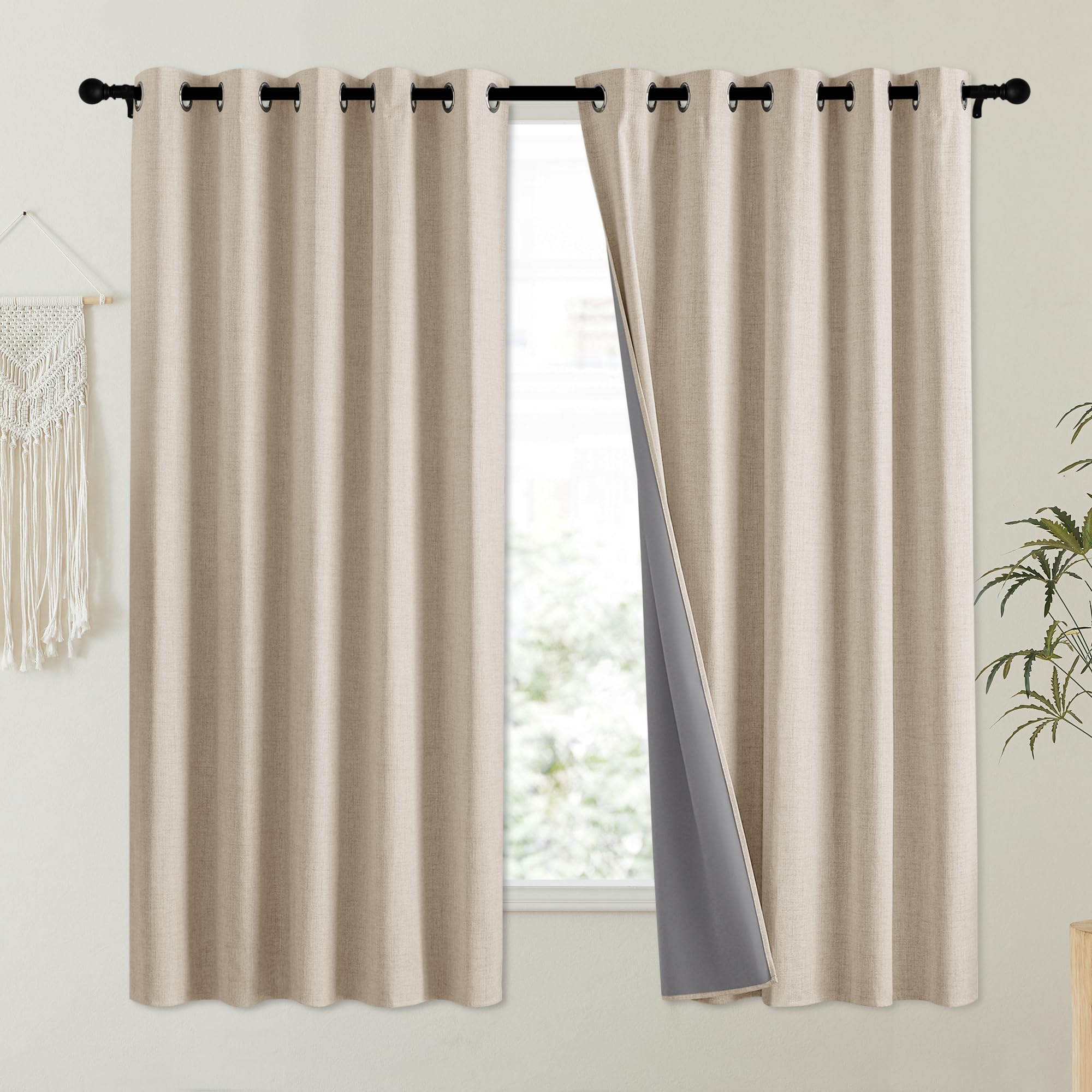 NICETOWN Cream 100% Blackout Linen Curtains 63 inch Long Burg for Kitchen, 1 Pair, 62" Width Each Panel, Farmhouse Thick Completely Blackout Window Treatment Thermal Insulated Drapes