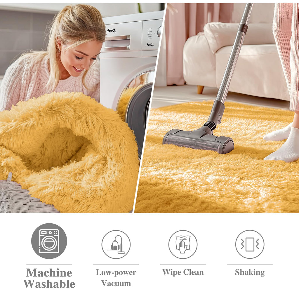 OLANLY Mustard Yellow Round Rugs for Bedroom - Machine Washable, 5 ft Circle Area Rugs for Living Room, Soft and Fluffy Shaggy Carpet for Teen Girl and Boys, Nursery Rooms, Dorms, Home Decor Aesthetic
