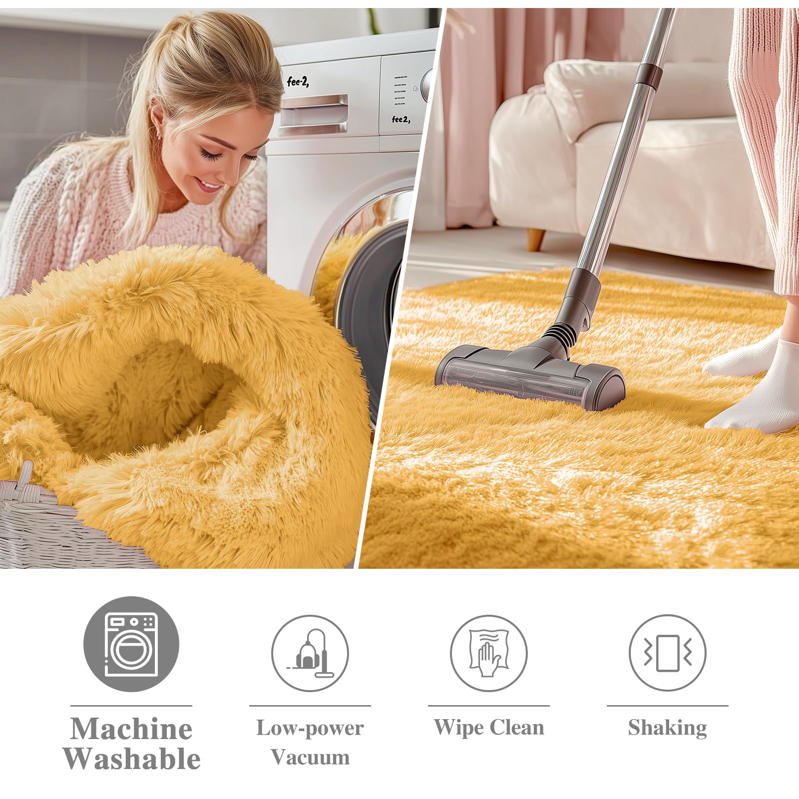 OLANLY Mustard Yellow Round Rugs for Bedroom - Machine Washable, 5 ft Circle Area Rugs for Living Room, Soft and Fluffy Shaggy Carpet for Teen Girl and Boys, Nursery Rooms, Dorms, Home Decor Aesthetic