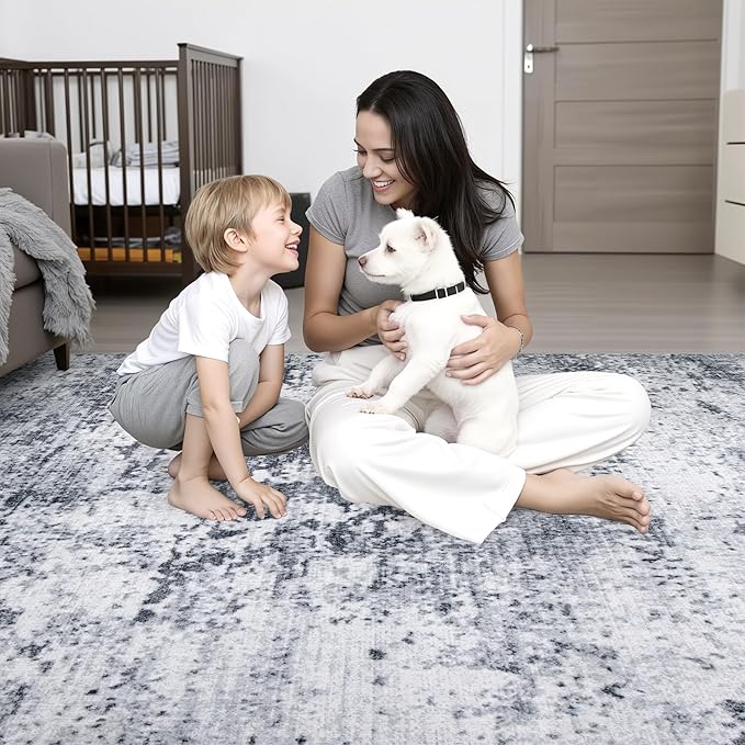 FXRHLP 2.6x8 Washable Runner Rug：Modern Abstract Kitchen Soft Carpet Grey