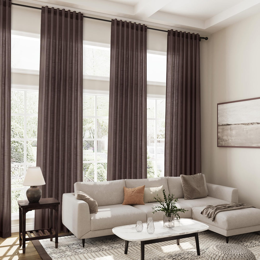 Coffee Linen Curtains 102 Inches Long for Living Room 2 Panel Set Back Tab Rod Pocket Semi Sheer Curtains Light Filtering Burlap Extra Long Drapes Neutral Farmhouse Decor for High Window 52x102