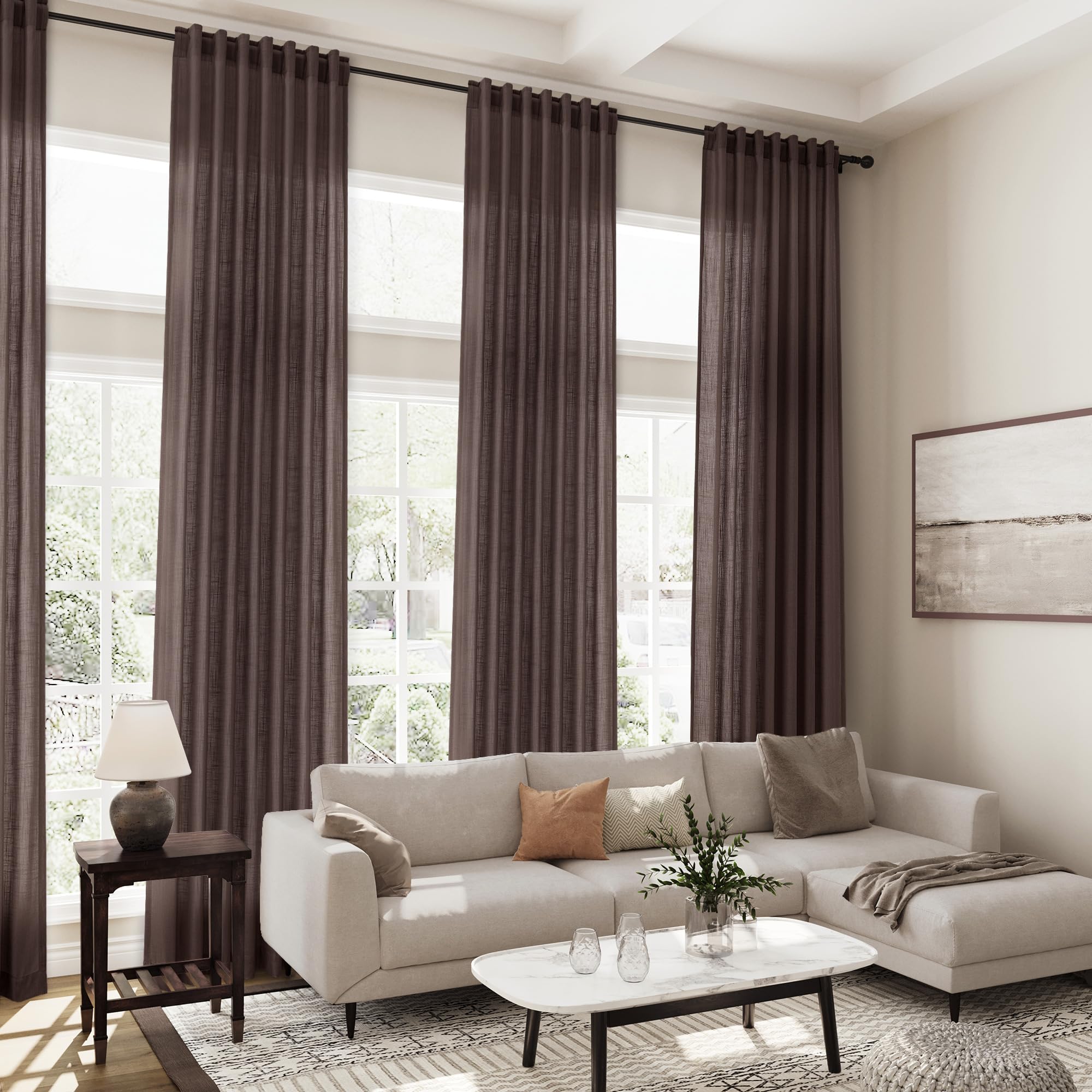 Coffee Linen Curtains 102 Inches Long for Living Room 2 Panel Set Back Tab Rod Pocket Semi Sheer Curtains Light Filtering Burlap Extra Long Drapes Neutral Farmhouse Decor for High Window 52x102