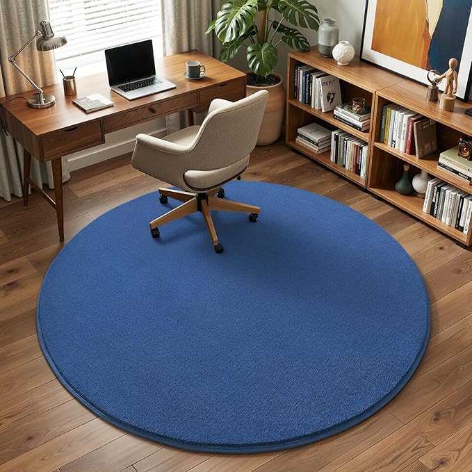 Amearea Blue Round Area Rugs 4ft Washable Circle Rugs for Bedroom Living Room, Fluffy Indoor Thickened Memory Foam Rug, Non Slip Minimalist Circular Carpet for Kids Boys Girls Dorm Nursery Room Decor