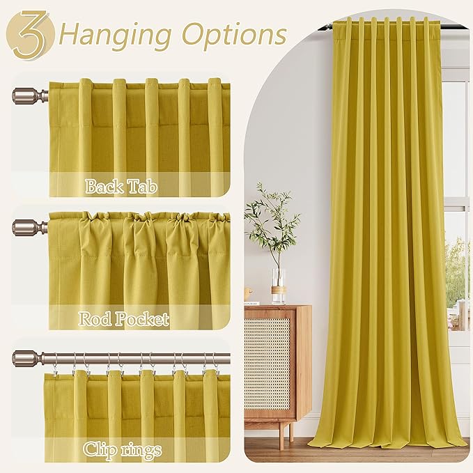 Guken 100% Blackout Curtains 108 Inch Length 2 Panels Set for Living Room Bedroom Back Tab Thermal Insulated Black Out Linen Drapes Room Darkening Celery Yellow,52x108