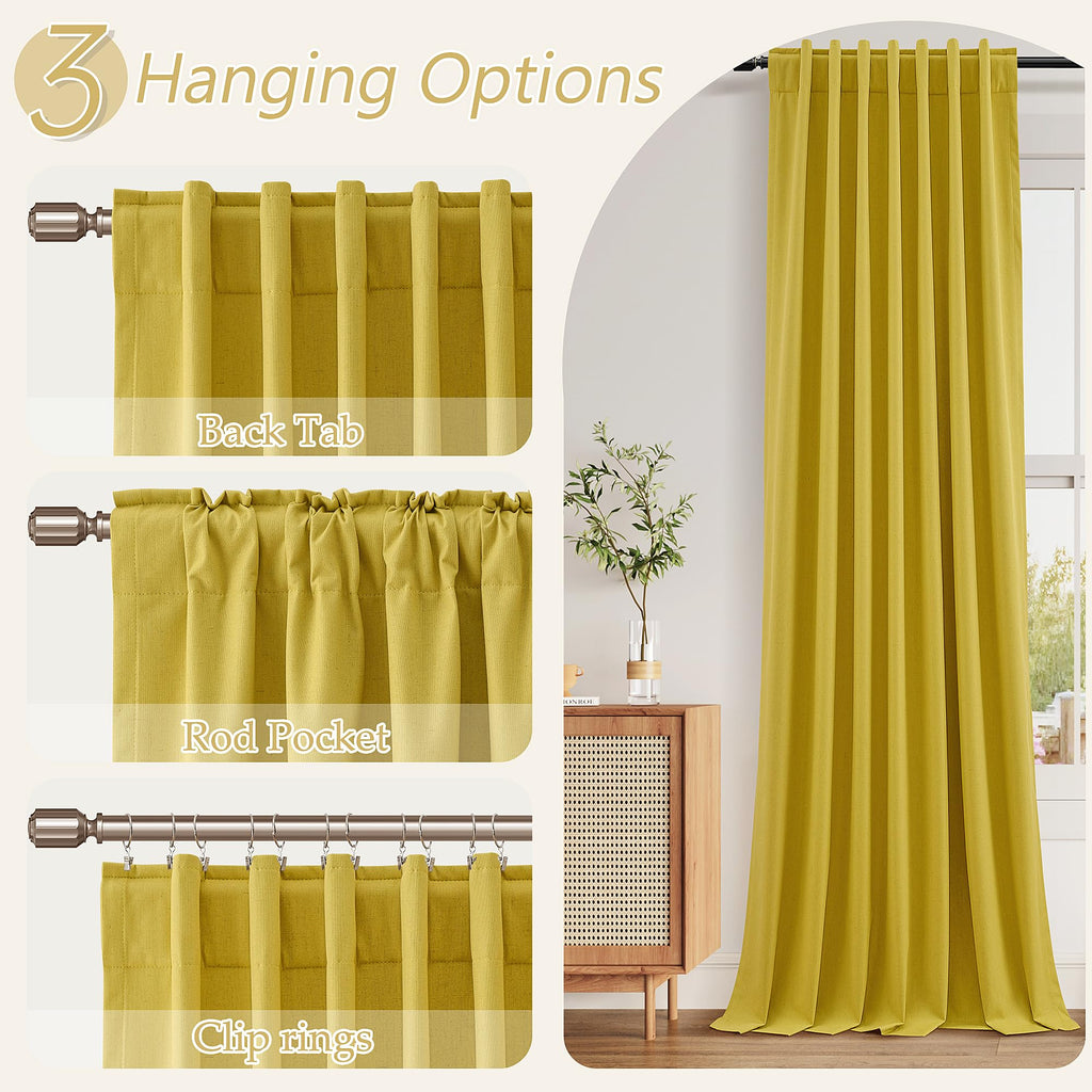 Guken Celery Yellow 100% Blackout Linen Curtains 102 Inch Length 2 Panels Set for Living Room Bedroom Back Tab Rod Pocket Thermal Insulated Black Out Drapes Room Darkening,52x102