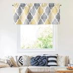 Beauoop Blackout Window Valances Curtains Geometric Quatrefoil Trellis Printed Room Darkening Thermal Insulated Rod Pocket Short Valance Curtains Cafe Bathroom, Yellow/Gray, 50" W x 18" L, 1 Panel