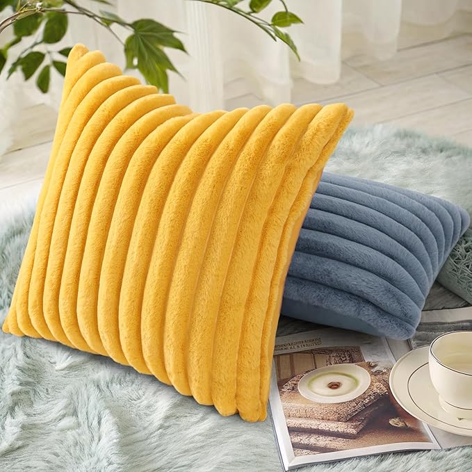 decorUhome Summer Cozy Faux Fur Throw Pillow Covers 26x26 Set of 2 Decorative Plush Striped Modern Farmhouse Boho Couch Euro Sham Pillow Cases with Velvet Back for Sofa Bed Living Room, Mustard Yellow