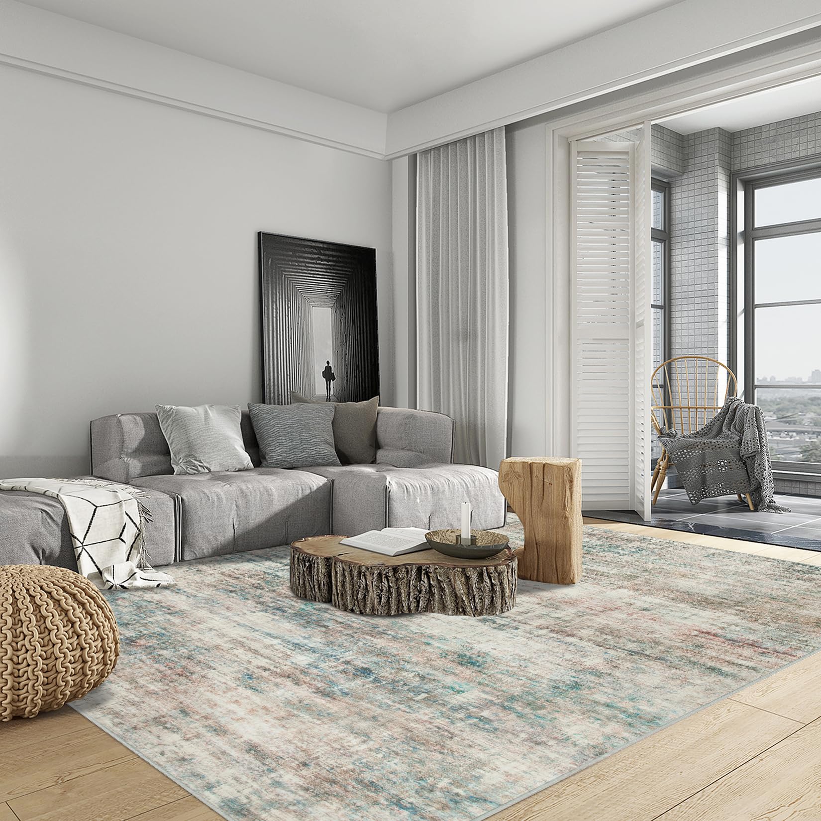9x12 Area Rugs for Living Room: Washable Abstract Multi Color Carpet