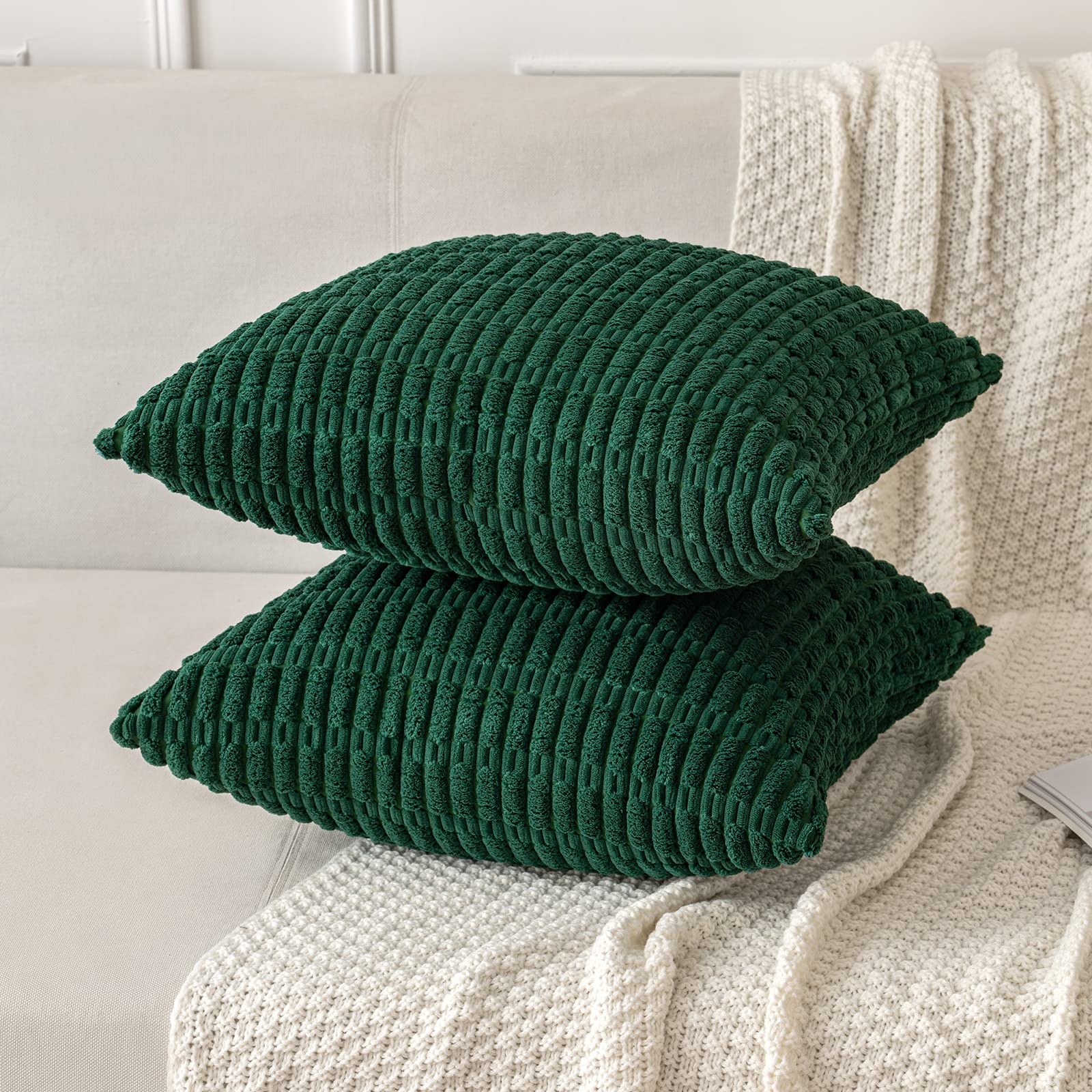 MIULEE Corduroy Decorative Throw Pillow Covers 18x18 Dark Green Pack of 2