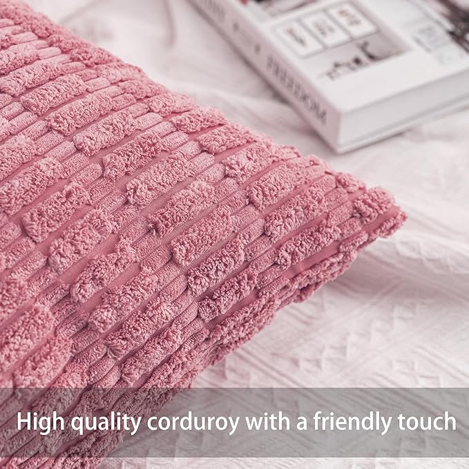 Aegero Pack of 2 Corduroy Decorative Throw Pillow Covers 16x16 Inch, Pink