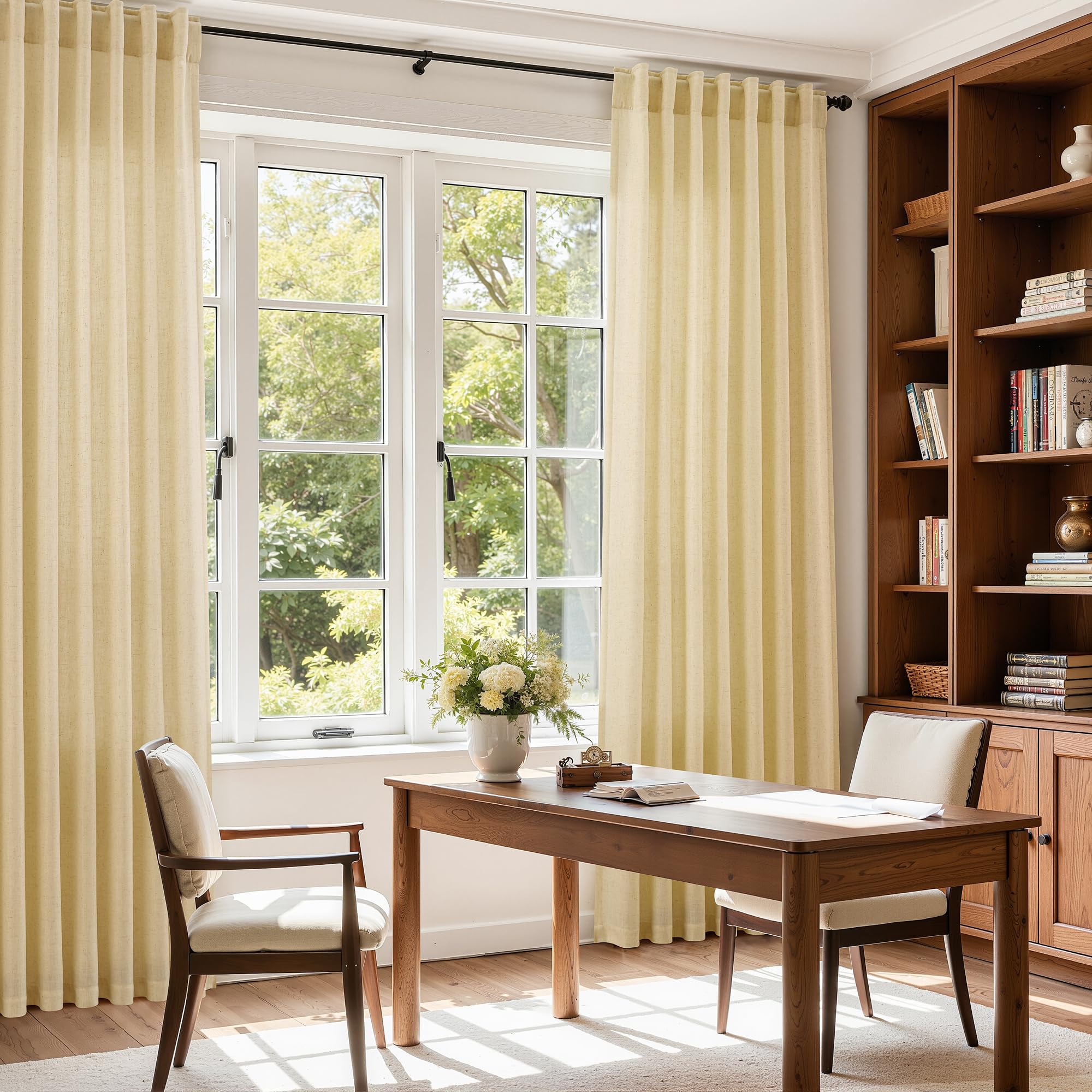 Nanspring Modern Farmhouse Curtains Linen for Living Room 84 Inches Long Cream Yellow Light Filtering Sheer Curtains Back Tab and Rod Pocket Privacy Curtain for Bedroom Office 52x84, 2 Panels