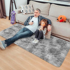 Super Soft Fluffy Living Room Area Rug 2x5 ft Tie-Dyed Light Grey Shaggy Furry Carpet Washable Non-Slip Floor Rugs Bedroom Bedside Nursery Rug Fuzzy Boys Girls Dorm Home Decor Aesthetic