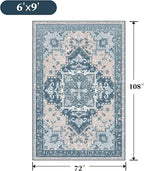 Rugflix 6x9 Area Rug for Living Room, Machine Washable Area Rugs with Non-Slip Backing, Large Soft Boho Vintage Rug for Bedroom, Dining Room, Low Pile Carpet, Kids Pet Friendly, Blue