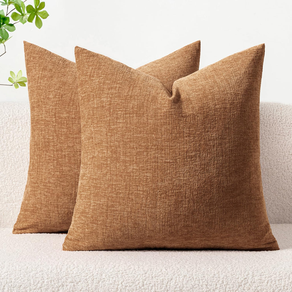 MIULEE Soft Chenille Euro Throw Pillow Covers Brown 24x24 Inch Pack of 2