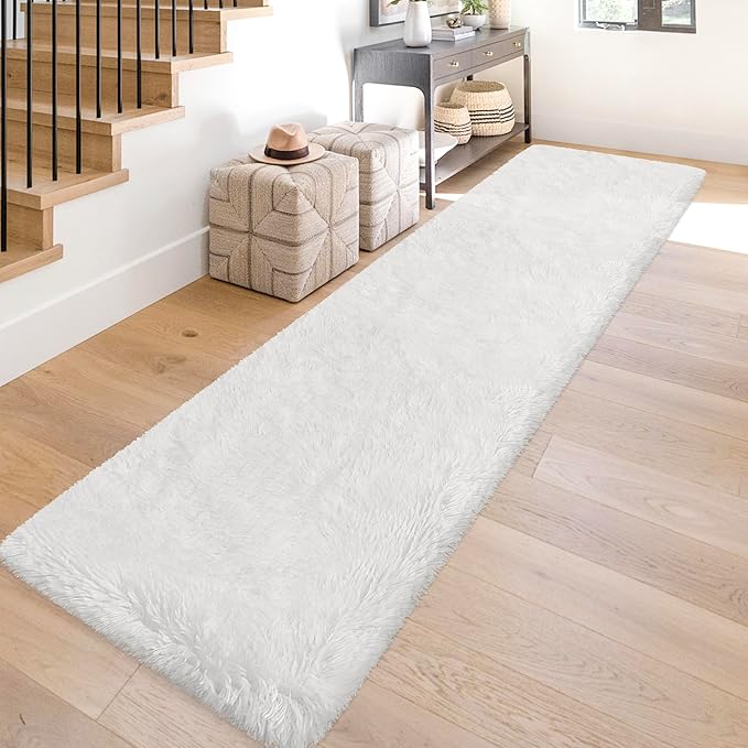 JiaoBaba Runner Rug for Bedroom White 2x10ft Fluffy Area Rug Bedside Runner Rug for Kids Room Boys Teens Nursery Baby Living Room Dorm Home Decor Carpets Kid Sbedroom Rug