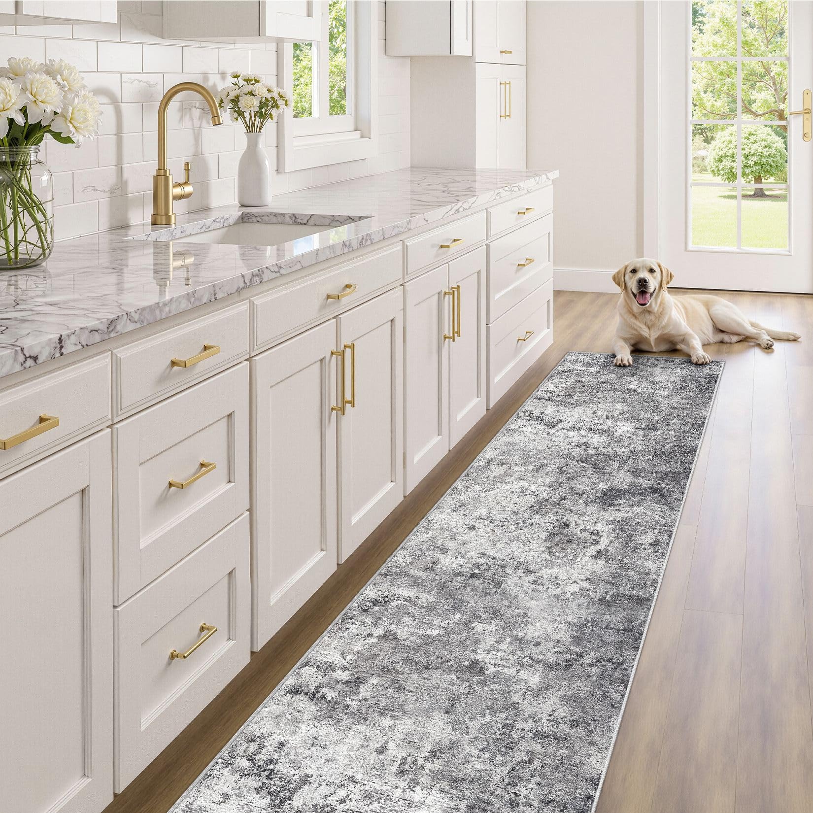 UERMEI 2x10 Washable Runner Rug for Hallway, Non Slip Low Pile Kitchen Carpet, Neutral Modern Abstract Indoor Floor Mat for Entryway Laundry, Kid & Pet Safe High Traffic Area, Grey