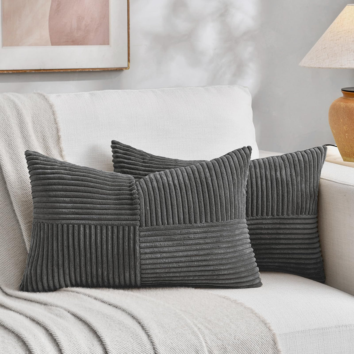 Fancy Homi Set of 2 Light Blue Long Lumbar Decorative Throw Pillow Covers 16x24 Inch for Couch Bed Sofa, Rustic Farmhouse Boho Home Decor, Soft Striped Corduroy Rectangle Accent Cushion Case 40x60 cm
