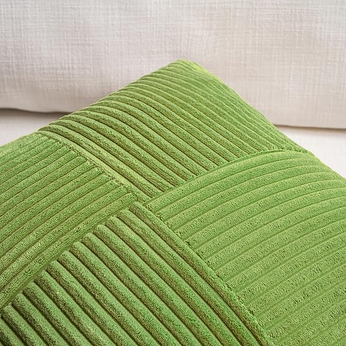 Fancy Homi Set of 2 Lime Green Euro Decorative Throw Pillow Covers 28x28 Inch for Bedroom Couch Bed, Farmhouse Boho Home Decor, Soft Cross Corduroy Patchwork Textured Square Cushion Case 71x71 cm