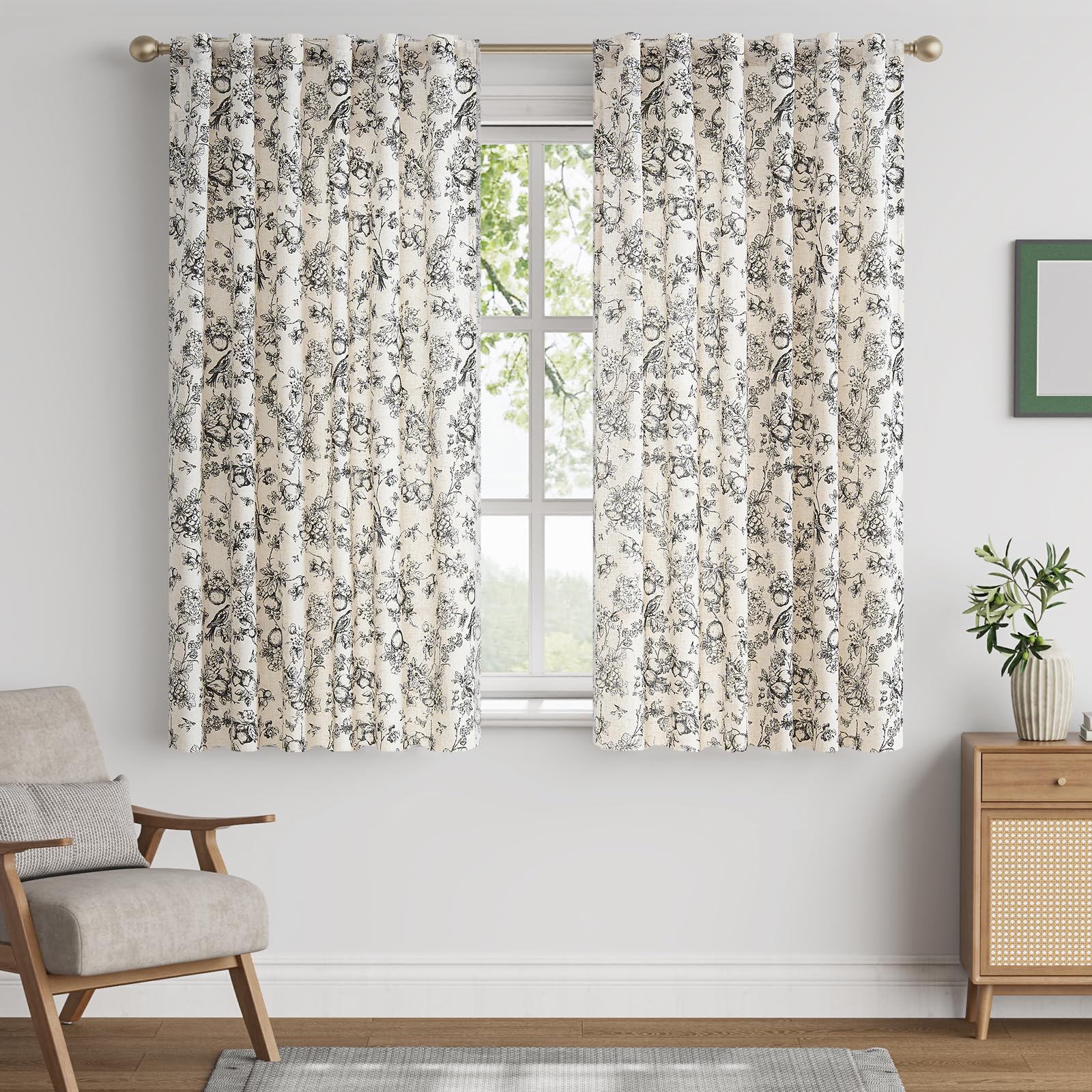 jinchan Black Floral Linen Curtains 63 Inch Vintage Back Tab 2 Panels