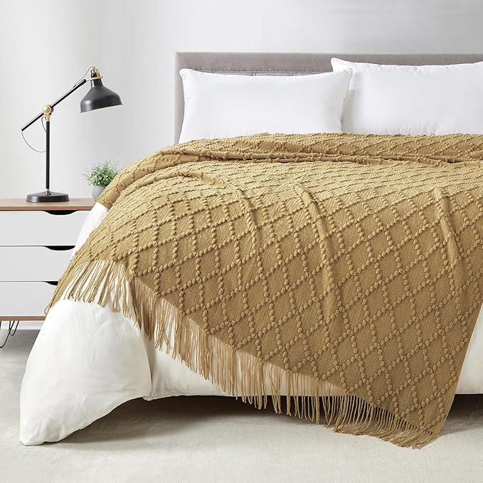 BOURINA Mustard Throw Blanket 50 x70 Inch Jacquard Throw Knitted Blanket