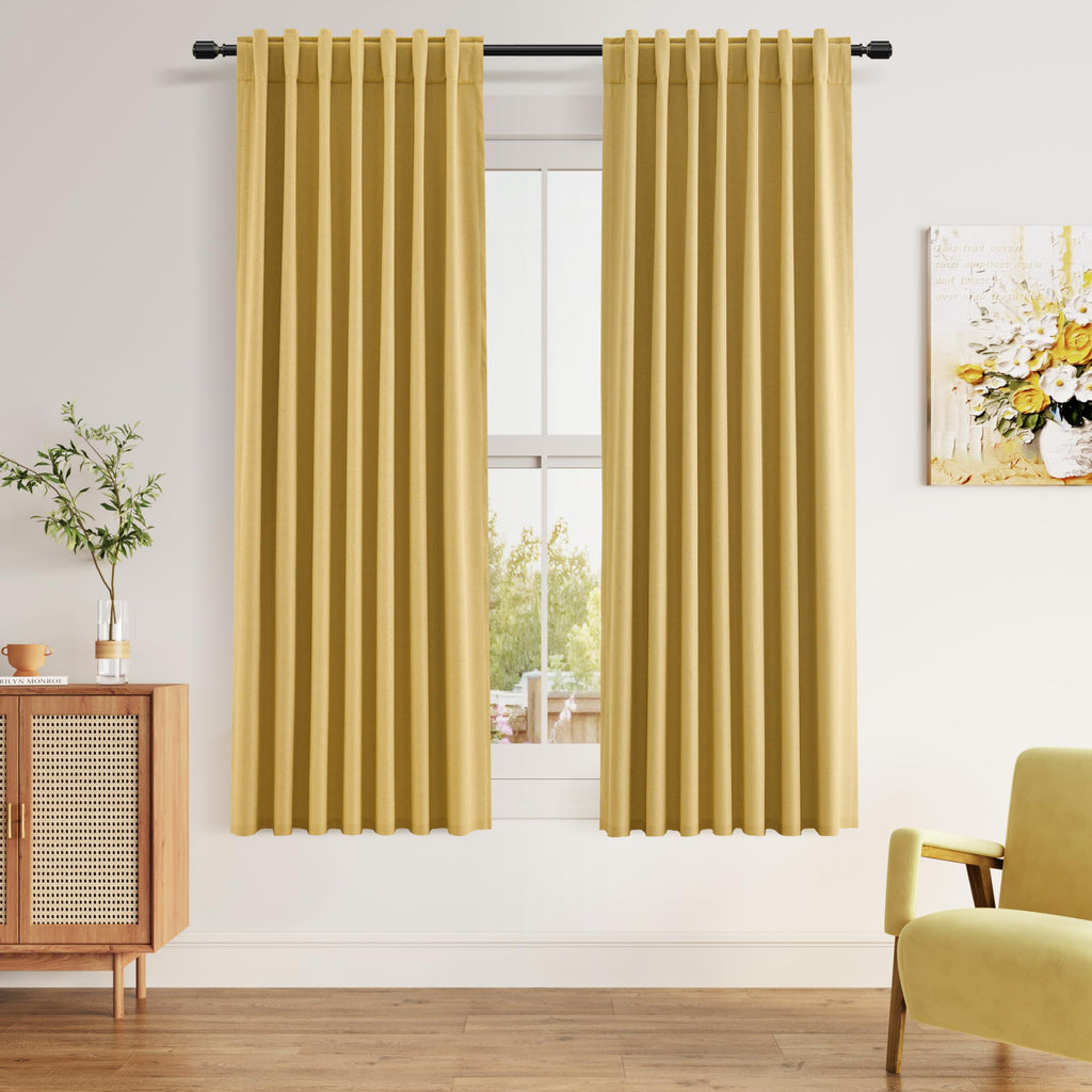 Guken 100% Blackout Curtains 63 Inch Length 2 Panels Set for Living Room Bedroom Back Tab Thermal Insulated Black Out Linen Drapes Room Darkening Window Curtains 63 Inches Long,Gold