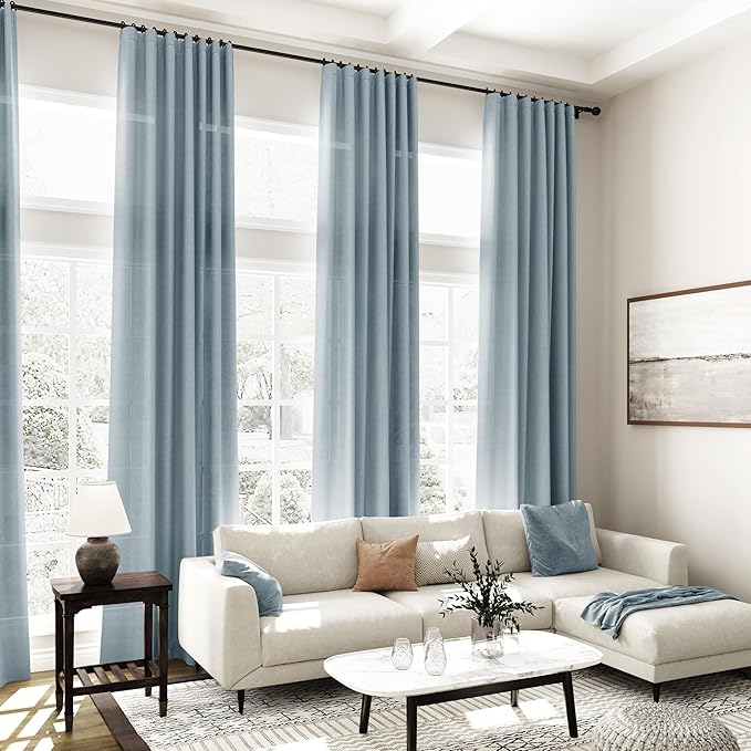 Nanspring Light Blue Linen Curtains for Living Room Bedroom 100 Inches Long Back Tab Rod Pocket Light Filtering Drapes for Protect Privacy Curtain Modern Farmhouse Decor 2 Panels Set 52x100
