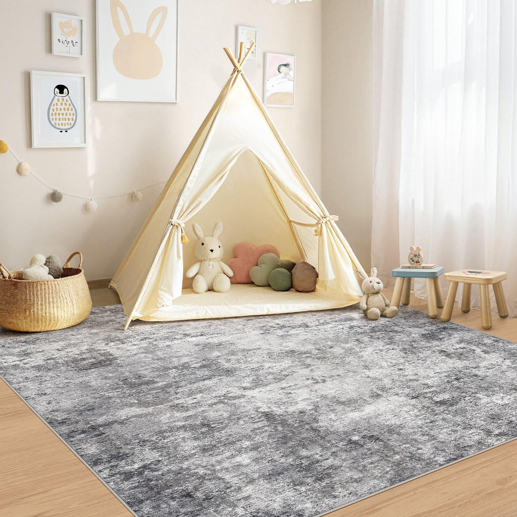 UERMEI Square Area Rugs: Washable 6x6 Neutral Modern Abstract Carpet for Living Room Bedroom - Soft Floor Mat with Non Slip Backing for Kitchen Nursery Dorms Farmhouse Home Decor - Grey