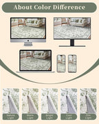 Madane 9x12 Area Rugs for Living Room, Machine Washable Vintage Green Rug with Non-Slip Backing, Soft Throw Large Rug, Thin Carpet for Bedroom Dining Room Farmhouse Under Table, Green/Ivory