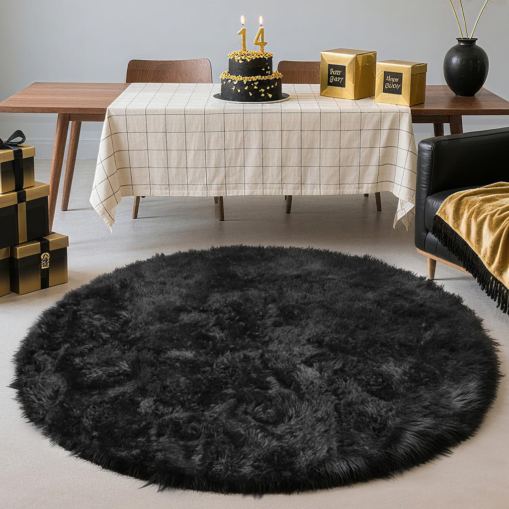 Black Fluffy Round Area Rugs for Bedroom,3'X3'Shag Circle Small Area Rugs