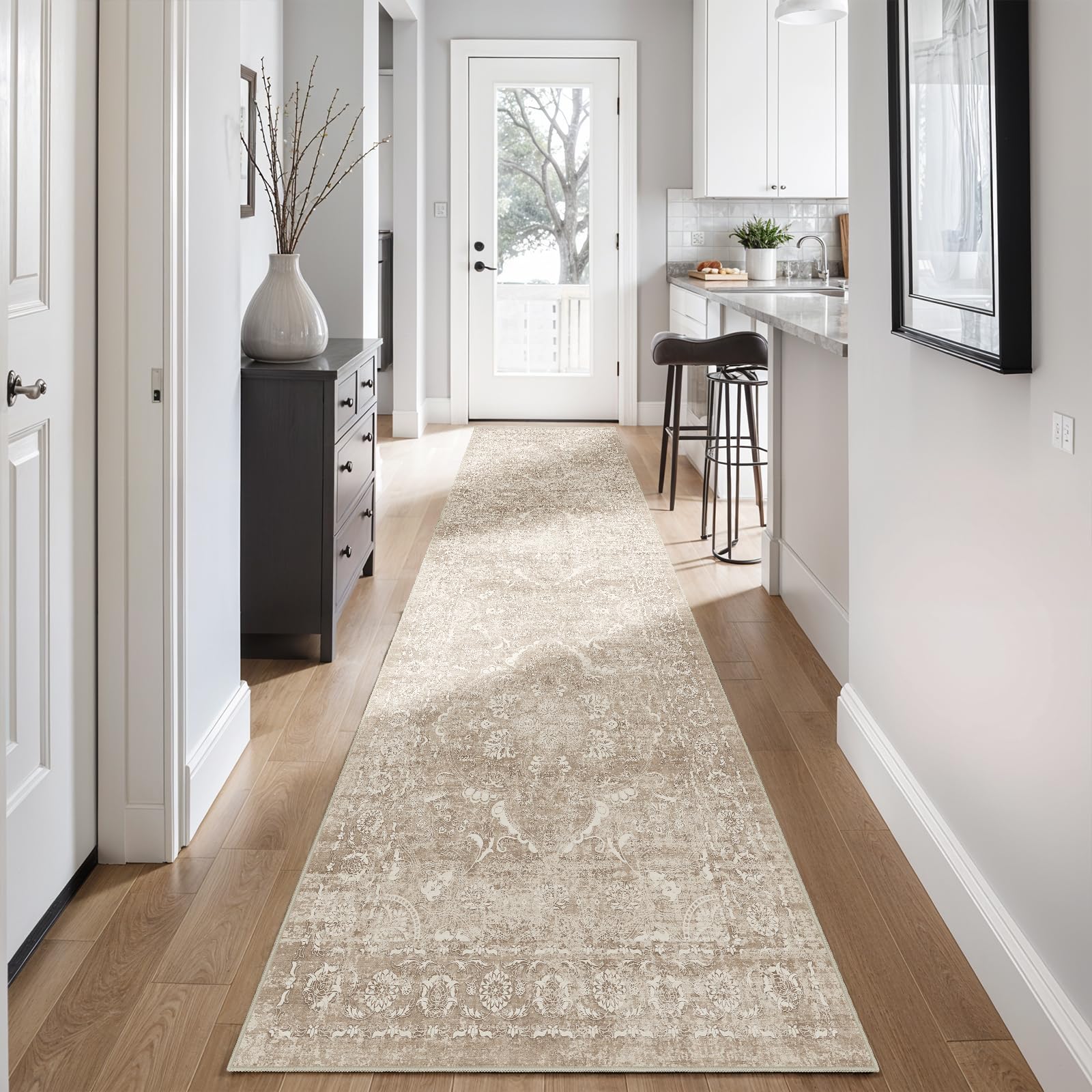 2'6"x12 Washable Runner Rug: Vintage Non-Slip Rug for Kitchen NaturalBeige