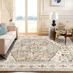 Yamaziot Area Rug 5x7, Non-Slip Washable Boho Vintage Living Room Bedroom Rug with Rubber Backing, Low Pile Faux Wool Soft Distressed Rug Floor Carpet for Living Room, Bedroom