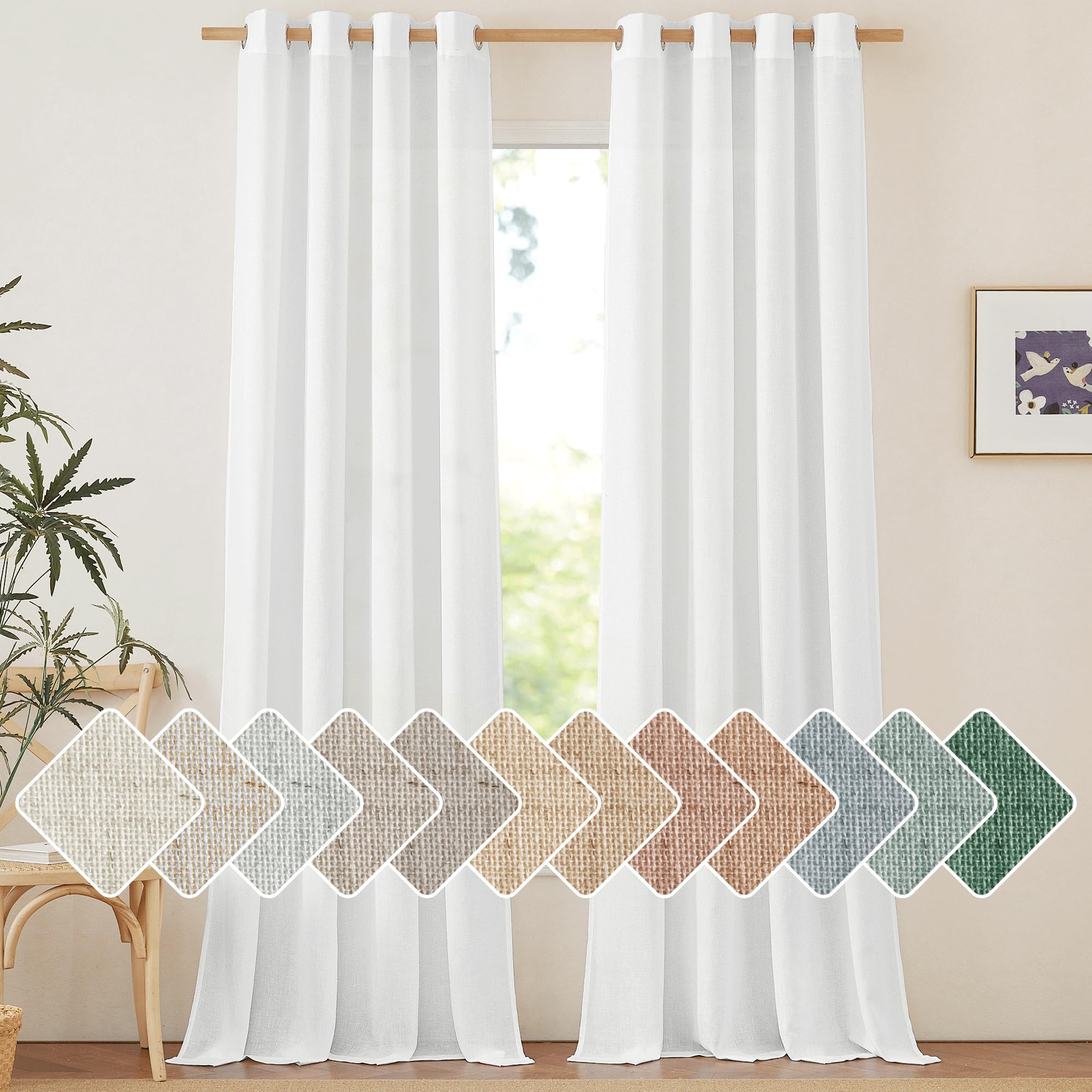 NICETOWN Linen White Curtains 96 inches Long for Farmhouse, Grommet Thick Linen Flax Drapes Privacy Added with Light Filtering Window Treatments for Bedroom/Living Room, W55 x L96, 2 Panels