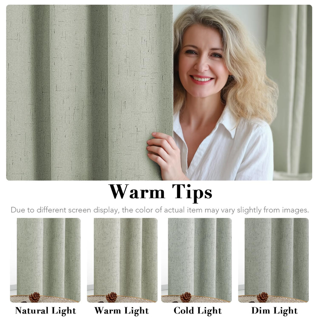 H.VERSAILTEX Linen Blackout Curtains 63 Inches Long 100% Absolutely Blackout Thermal Insulated Textured Linen Look Curtain Draperies Anti-Rust Grommet, Energy Saving with White Liner, 2 Panels, Sage