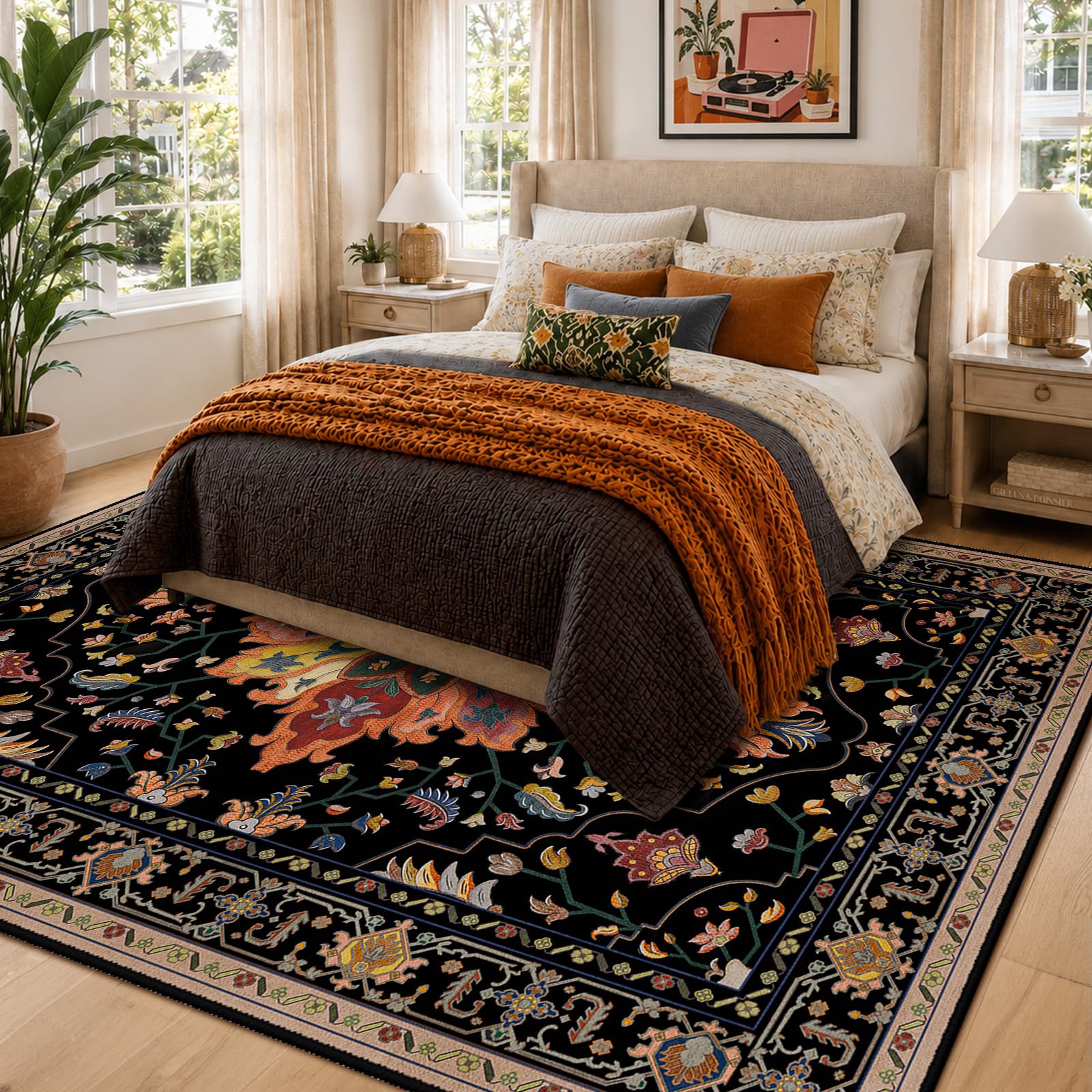 RELEANY Washable Area Rug, 5'x7', Black/Colorful