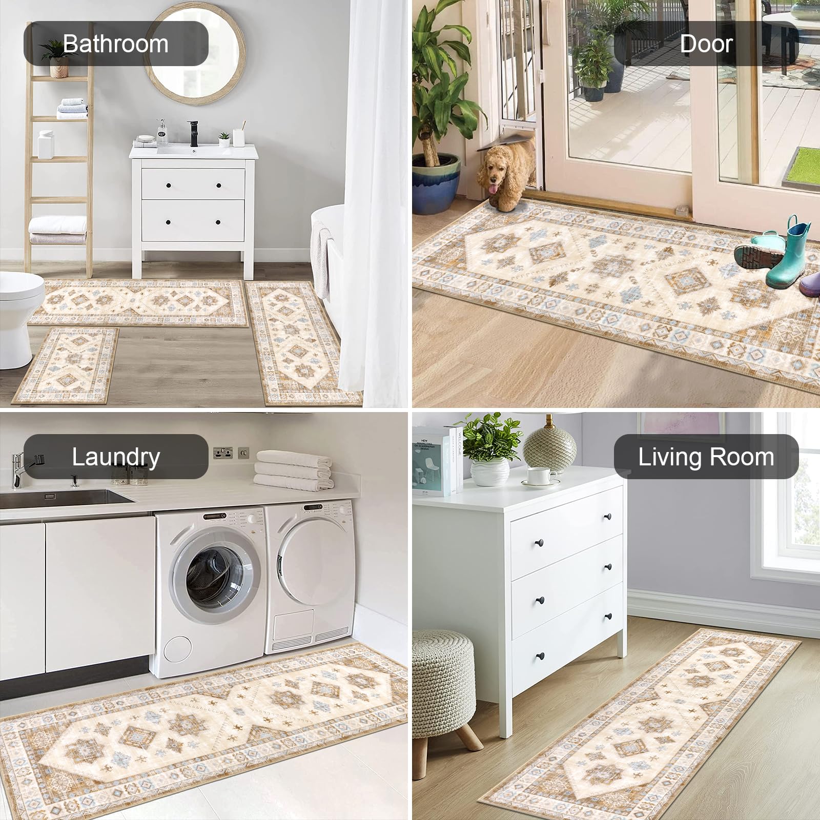 HEBE Boho Kitchen Rugs Set of 3, Non Slip Washable Kitchen Mats for Floor