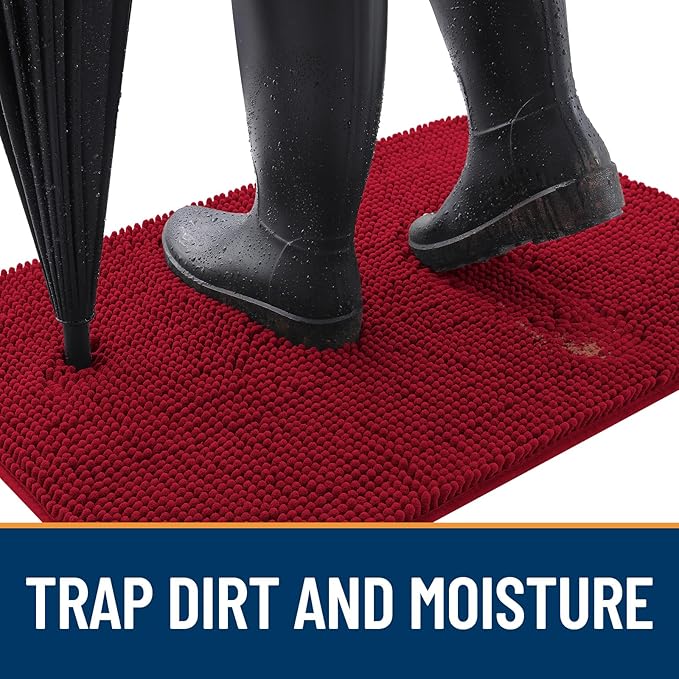 OLANLY Dog Door Mat for Muddy Paws 54x24, Absorbs Moisture and Dirt, Absorbent Non-Slip Washable Doormat, Quick Dry Chenille Mud Mat for Dogs, Entry Indoor Entryway Carpet for Inside Floor, Red