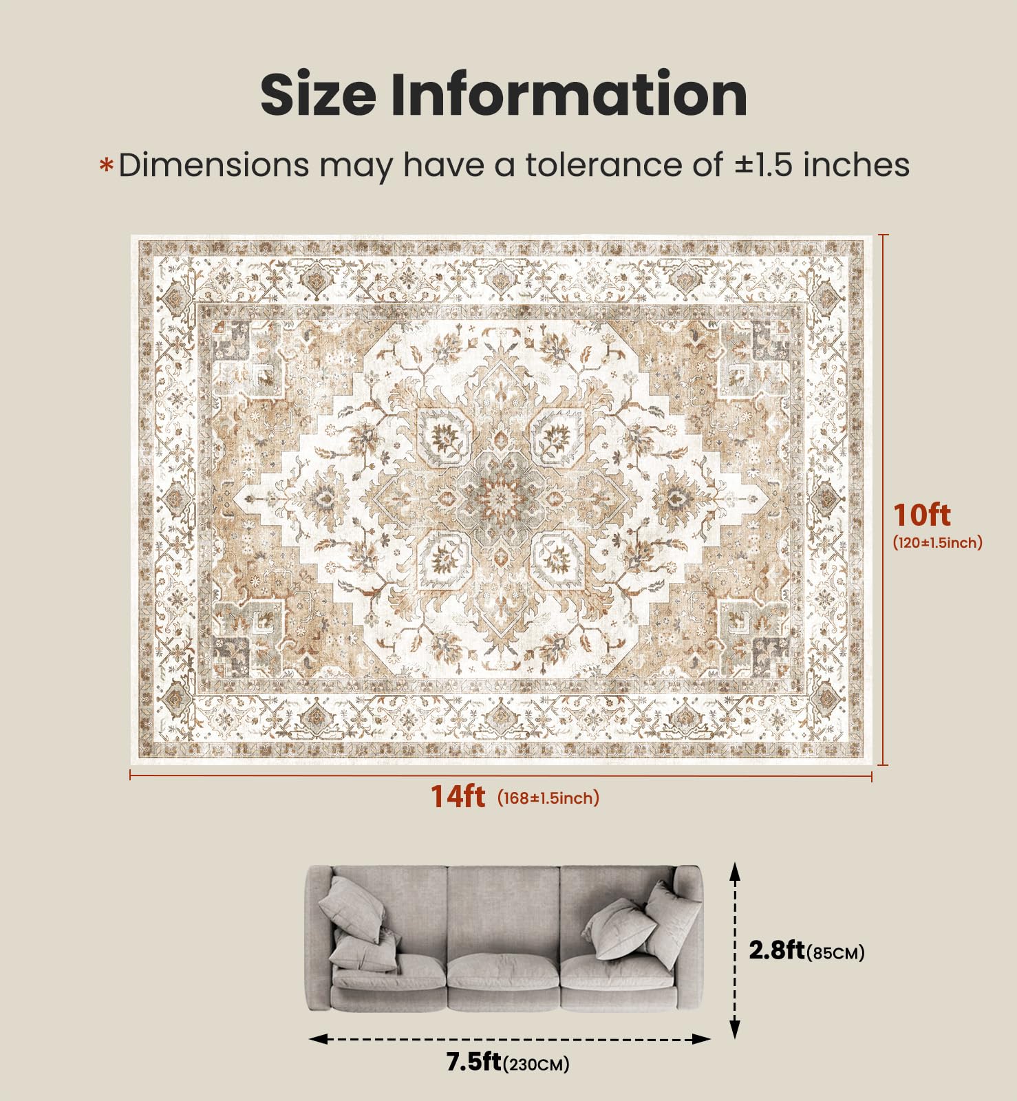 AMADA HOMEFURNISHING 10x14 Washable Area Rug, Low-Profile Large Area Rug with Non-Slip Backing & Durable Edge Binding, Vintage Large Rugs for Living Room, Bedroom & Dinning Room