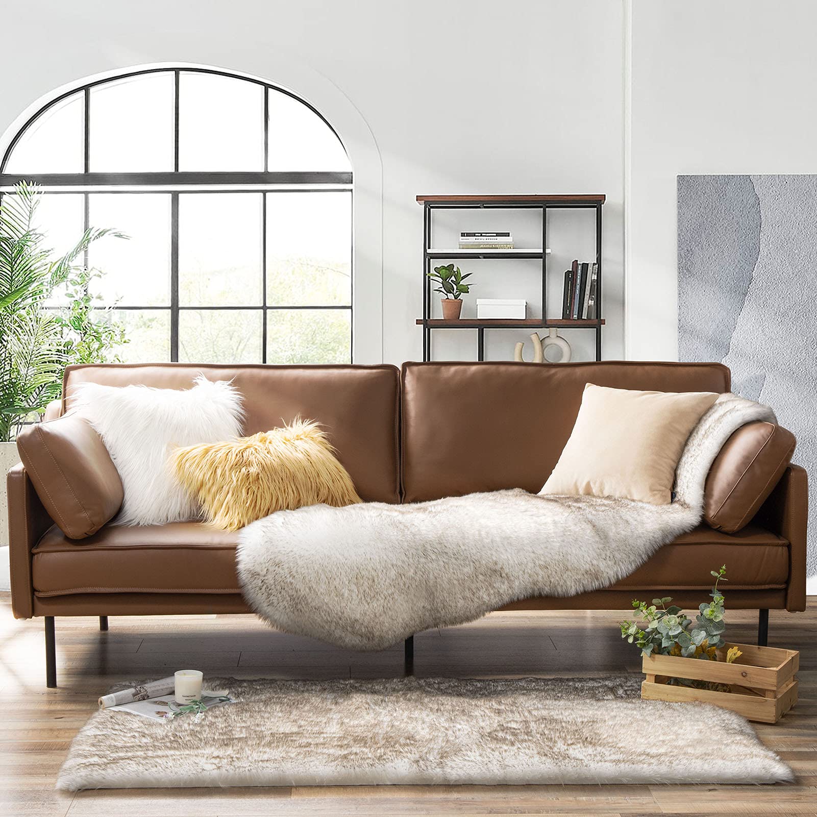 Ashler Home Deco Ultra Soft Faux Fox Fur Rug White Brown Fluffy Area Rug, Carpets Fluffy Rug Chair for Bedroom Floor Sofa Living Room 2 x 6 Feet